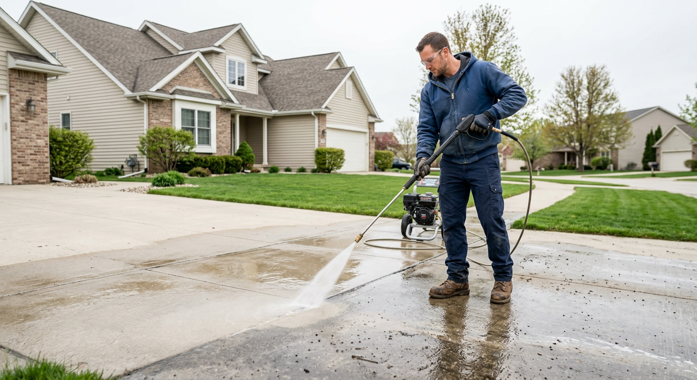 Professional pressure washing a concrete driveway