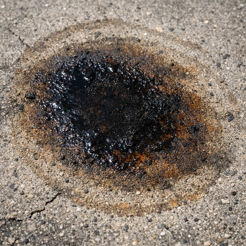 Oil stain on a concrete driveway