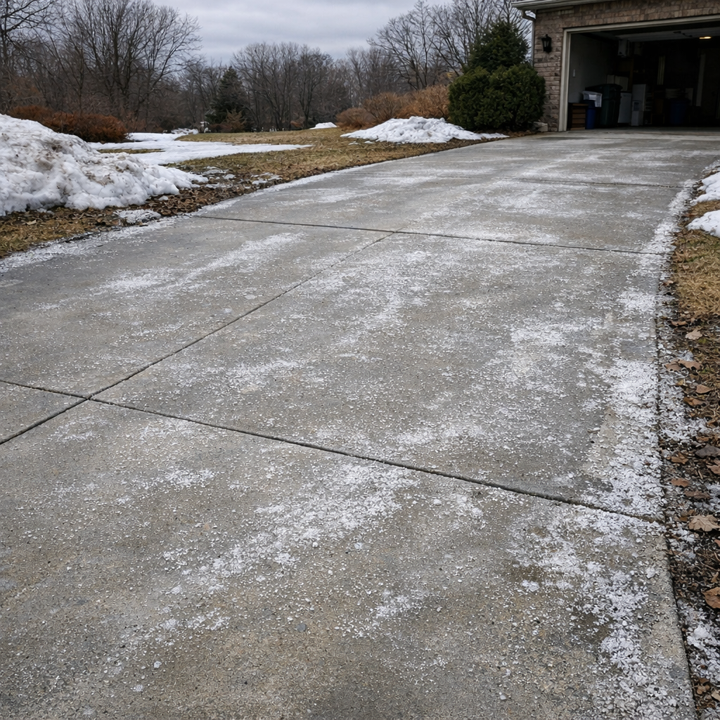 Winter road salt and ice on a suburban street