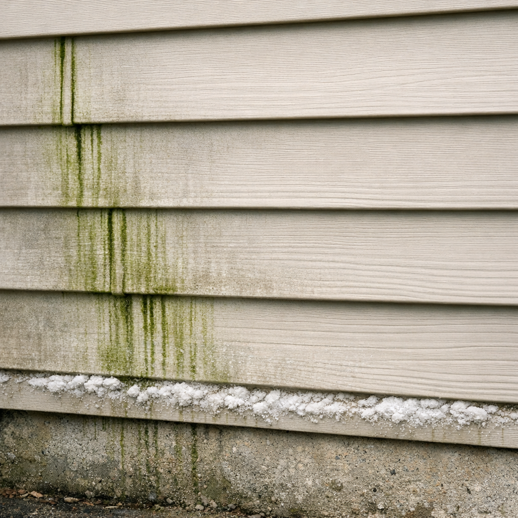 Cracked exterior wall with algae and mold growth