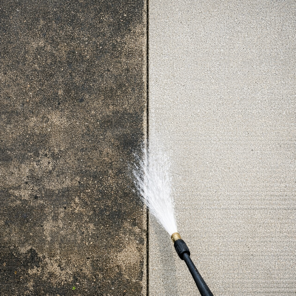 Pressure washing a concrete driveway surface