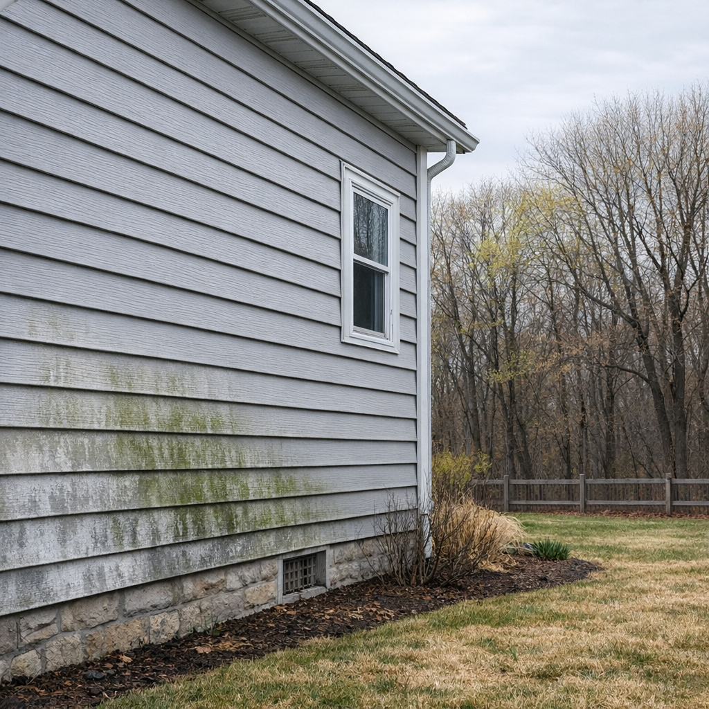 Homeowner inspecting house exterior in spring
