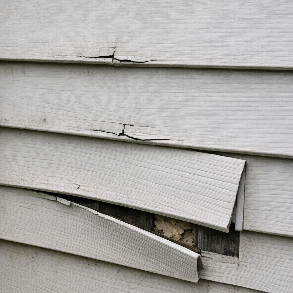 Damaged and cracked siding on a house exterior